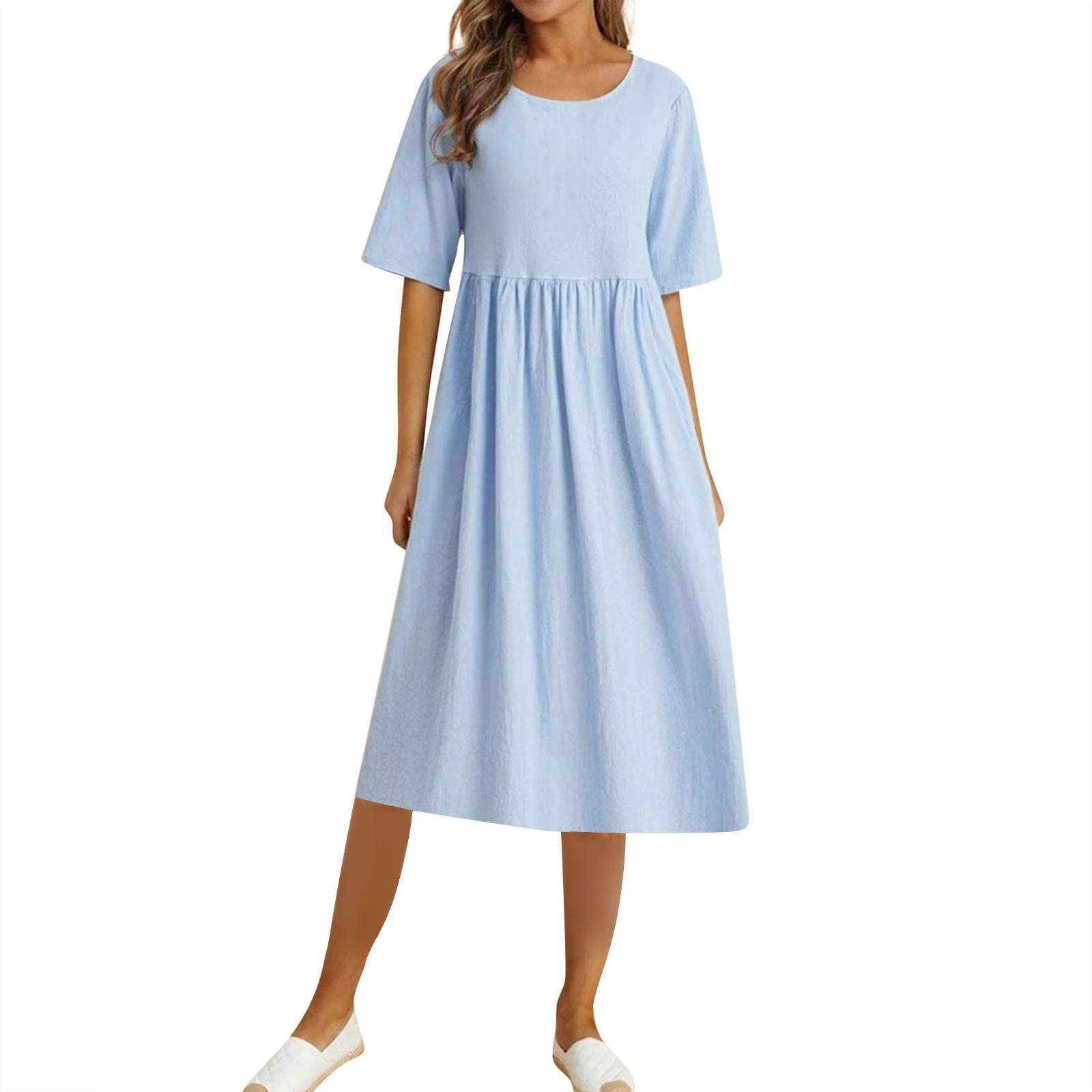 

Женское однотонное платье средней длины с завышенной талией из хлопка и льна, с круглым вырезом M синий