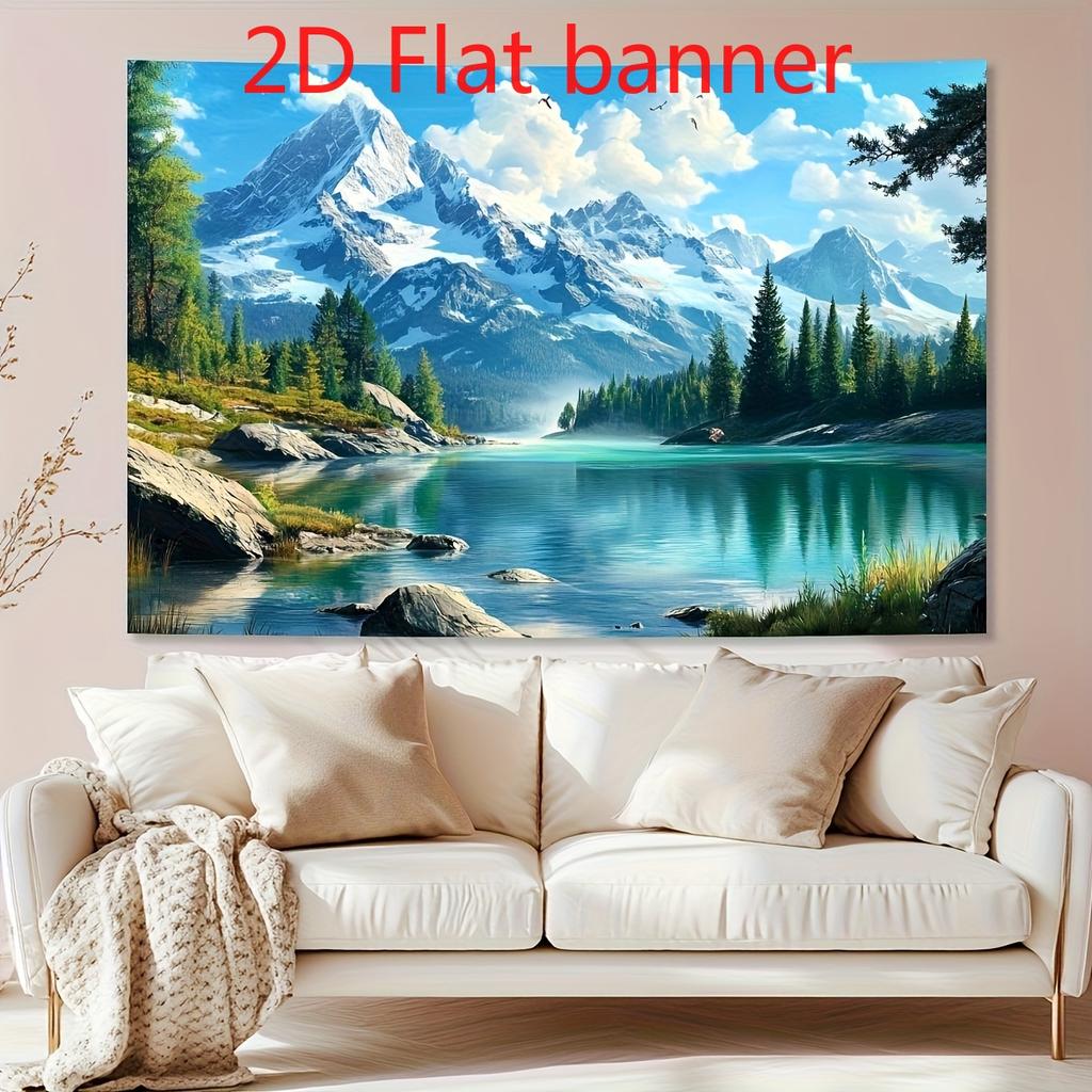 2D Flat banner - Mountain Lake Landscape Banner, suitable for living room, bedroom, wedding, and mountain wall decoration