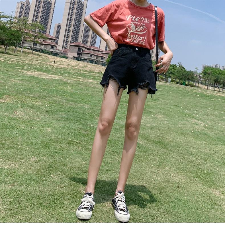 Classic and Minimalist Fashion Versatile Black Broken Holes Women's Summer High-waisted Outside Wear Thin A-line Wide-legged Ragged Denim Shorts