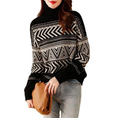 [J Scott] Fair Isle Muster Jacquard Strick Langarm Pullover Oberteil Warm Flauschige Ärmel Damen JS35-BK-L