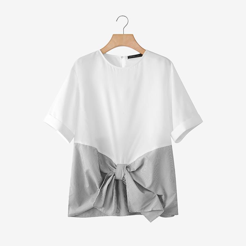 ZANZEA Women Casual Round Neck Short Sleeve Stripe Splice Loose Blouse