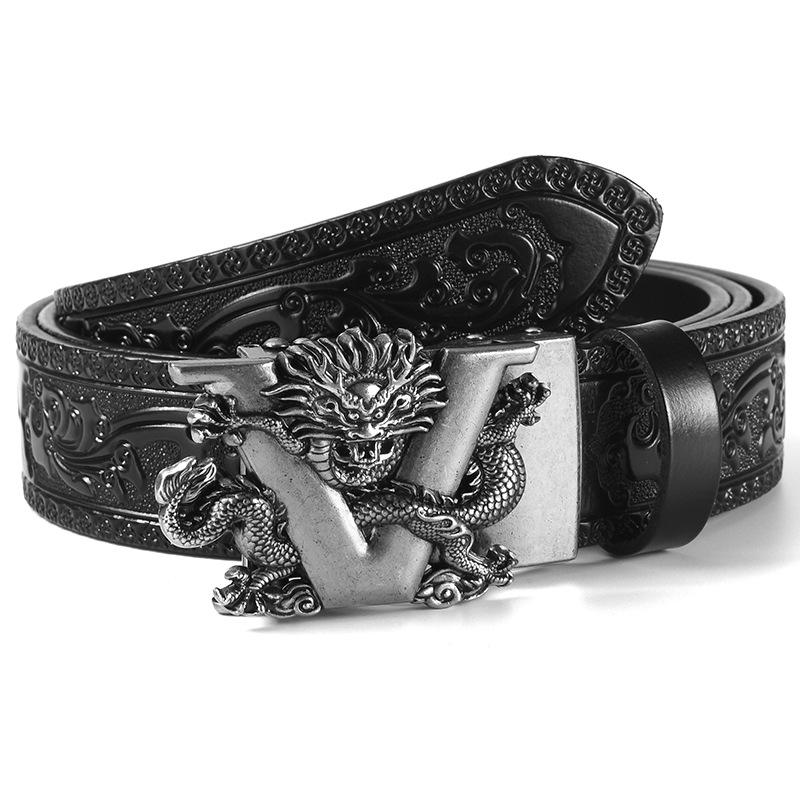 Men's Retro Dragon Head Genuine Leather Belt with Carved Embossed Design