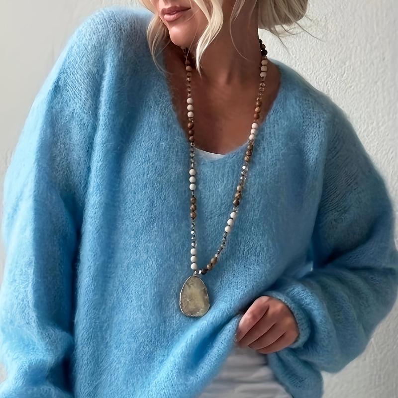Europäischer und amerikanischer weicher klebriger V-Ausschnitt Langarm-Pullover Damen Herbst und Winter Pullover einfarbig fauler Stil lockerer Strickpullover Top