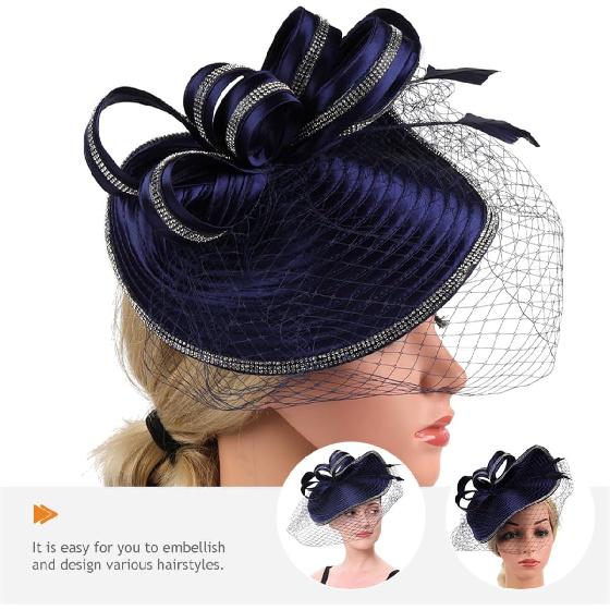 SOIMISS Navy Blue Fascinator Hat Headband for Women, Cocktail Tea Party Straw Headdress, Vintage Wedding Bridal 1920s Style, Elegant Special Occasion
