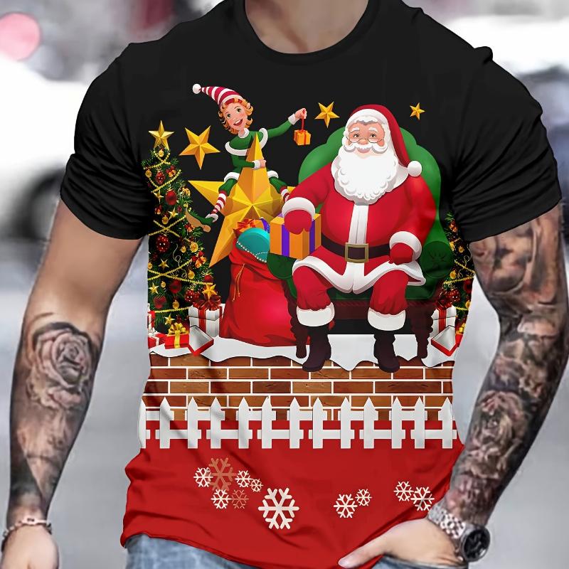 1 Stück Polyester Strick Festliches Herren 3D Weihnachts-Print T-Shirt, Feiertags Neuheit Top