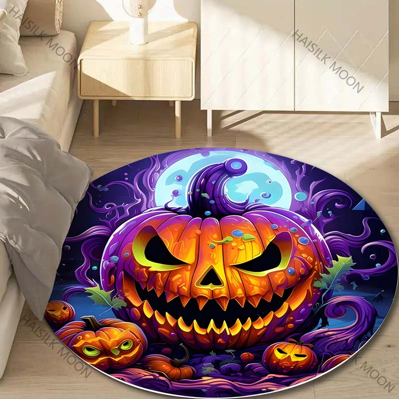 1PC Pumpkin Head Bat Castle Halloween Round Carpet for Kids Living Room Rugs Picnic Mats Flannel Anti-Slip Rug Luxury Gift