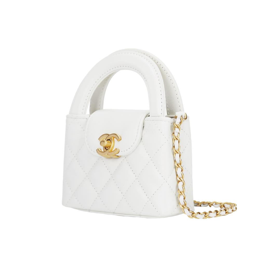 Chanel 24p Gold Buckle Diamond Pattern Leather Material Gold Hardware Single Shoulder Messenger Bag Female White