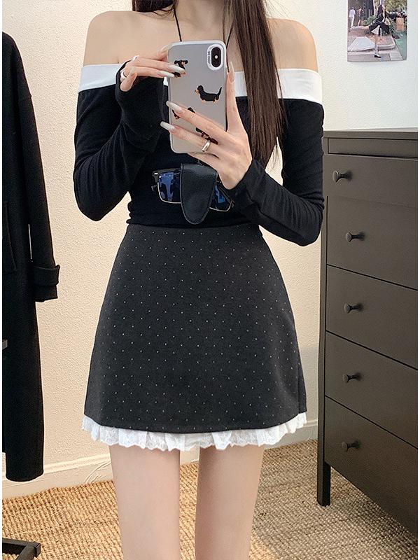 

Plus Size Women s Retro Lace Trim Polka Dot Wool Blend Bodycon Mini Skirt XL (Recommended 120-135 jin)