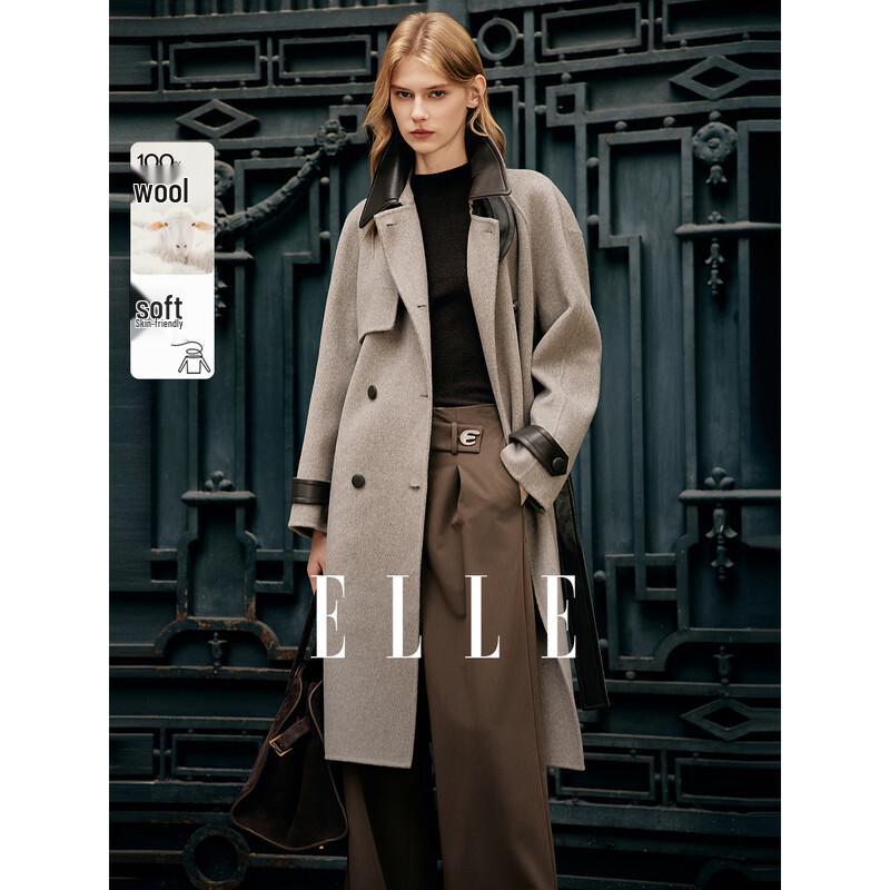 ELLE Women s French Style Wool Coat with Leather Patchwork M