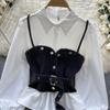 Koreanische Serie Tragen Alter-Reduzierung Set Retro Denim Cami Gestapelt Alle-Matching Puff Sleeve Shirts Zwei-stück Set Top
