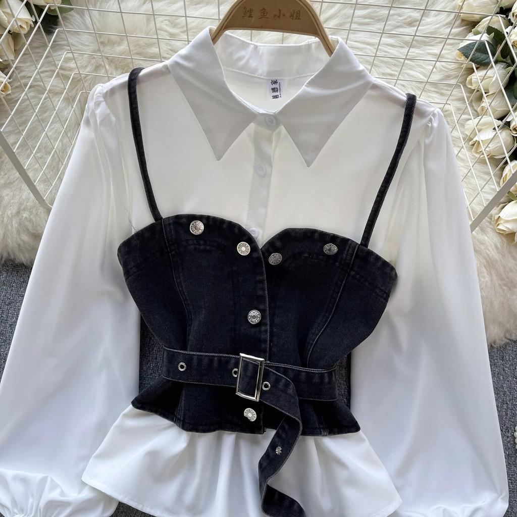 Koreanische Serie Tragen Alter-Reduzierung Set Retro Denim Cami Gestapelt Alle-Matching Puff Sleeve Shirts Zwei-stück Set Top