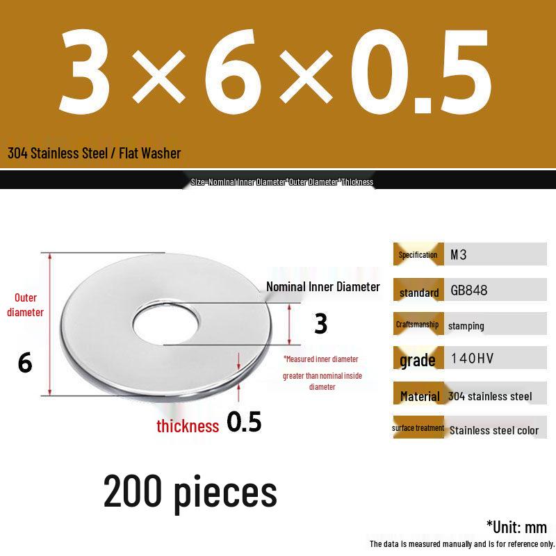 304 Stainless Steel Thickened Flat Washer Set, Sizes 2-36