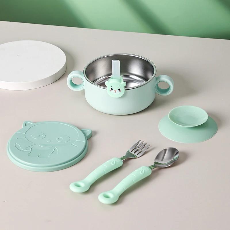 Baby Bowl Stainless Steel Tableware Set Baby Feeding Bowl with Suction Cup Spoon Fork Straw Set Toddler Training Feeding Bowls