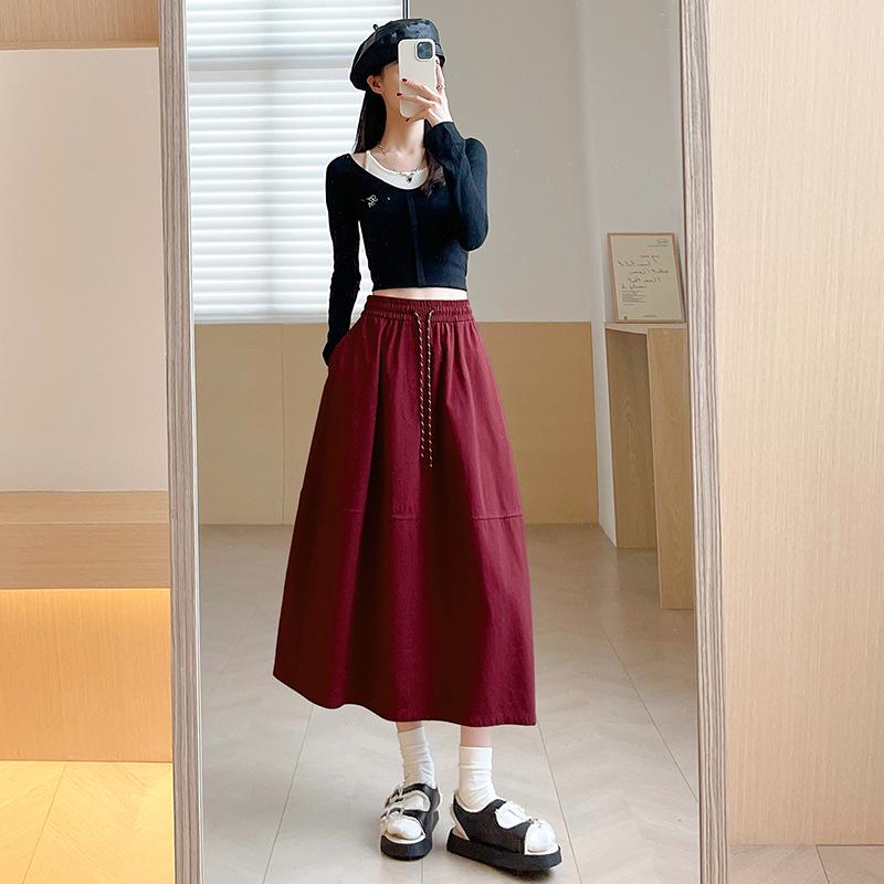 

Женская осенняя юбка миди с французским цветочным принтом, 2025 - Завышенная талия, А-силуэт, Кулиска, Приталенный крой Large красный