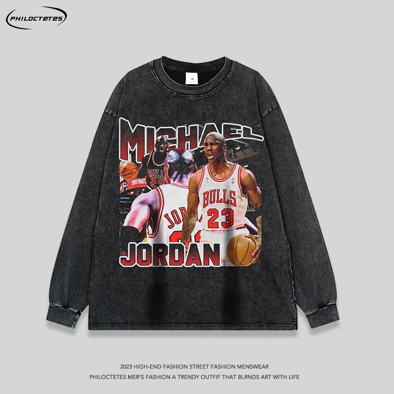 Vintage Washed Heavyweight Cotton Long Sleeve Tee With Graphic Print Oversized Hip Hop Streetwear Men