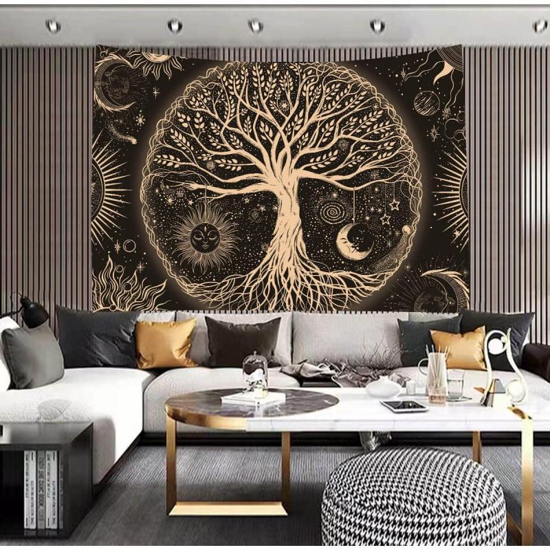 VIKAMA Sun Moon And Stars Tree Of Life Tapestry Ambient GalaxyStyle Wall Decoration Living Room And Bedroom Decorative Hanging
