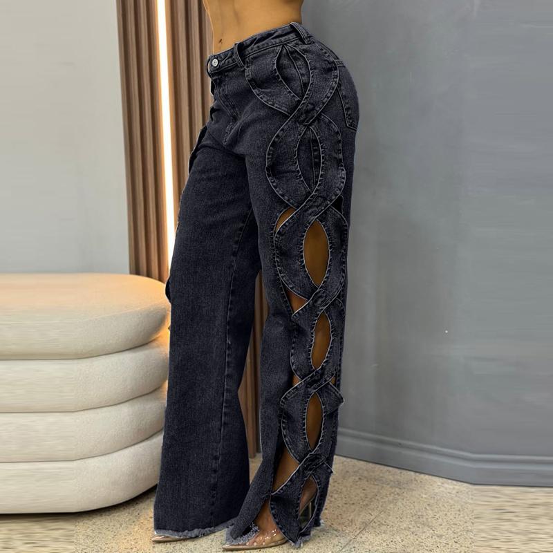 Women Streetwear Cutout Hollow Out Criss Cross Side Wide Leg Blue Denim Pants 2026 Fashion Sexy Party Jeans Trousers