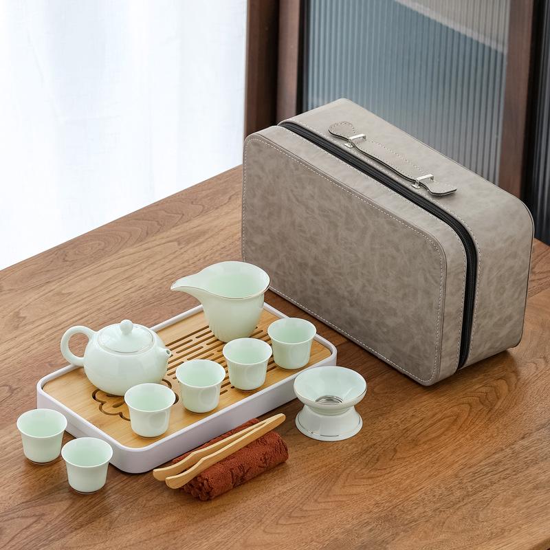 Jade Green Travel Tea Set: One Pot, Four Cups, with Wooden Side Handle and Tea Caddy.