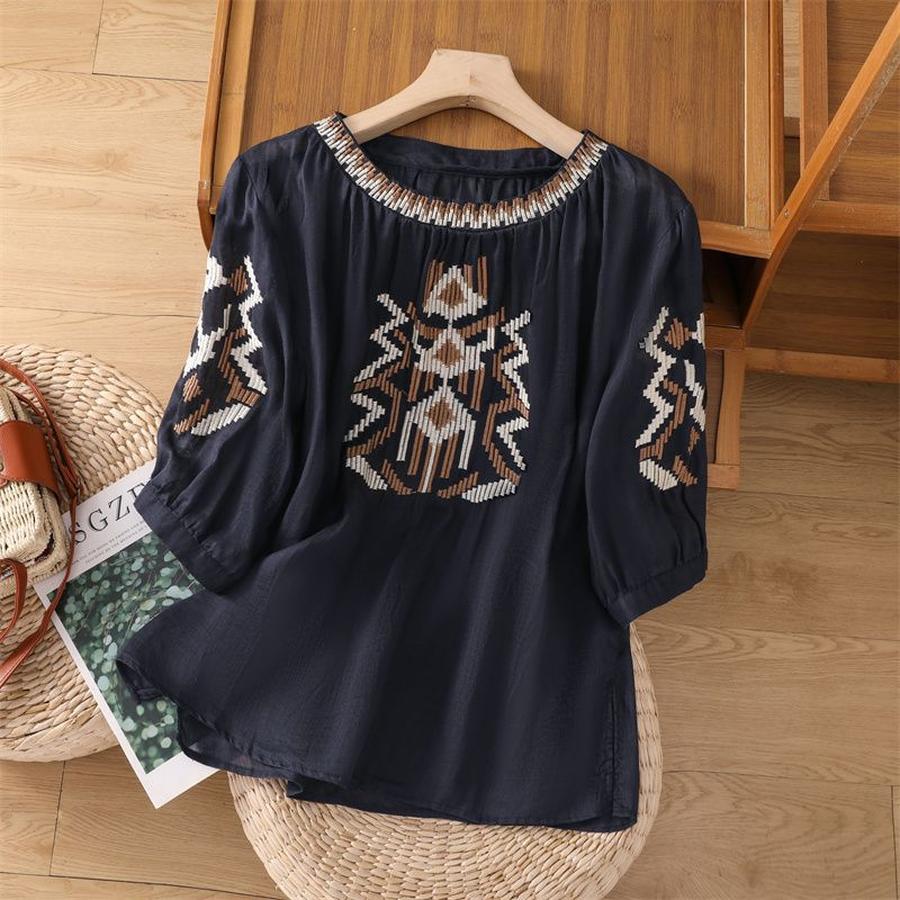Workwear Embroidery Cotton Linen Half Sleeve Women s Summer New Loose Slim Fit Round Neck Crew Neck Retro Short Sleeve M тёмно-синий