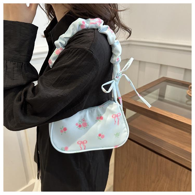 Women's Floral Print Drawstring Nylon Shoulder Bag, Sweet Style Bowknot Single Strap Handbag, Korean Fashion Casual Crossbody Purse