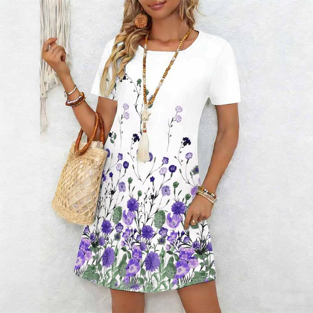 Dammode Vacker Elegant Blomma Fjäril Tryck Sommar Vår Kortärmad Rund Halsringning Vardagsklänningar