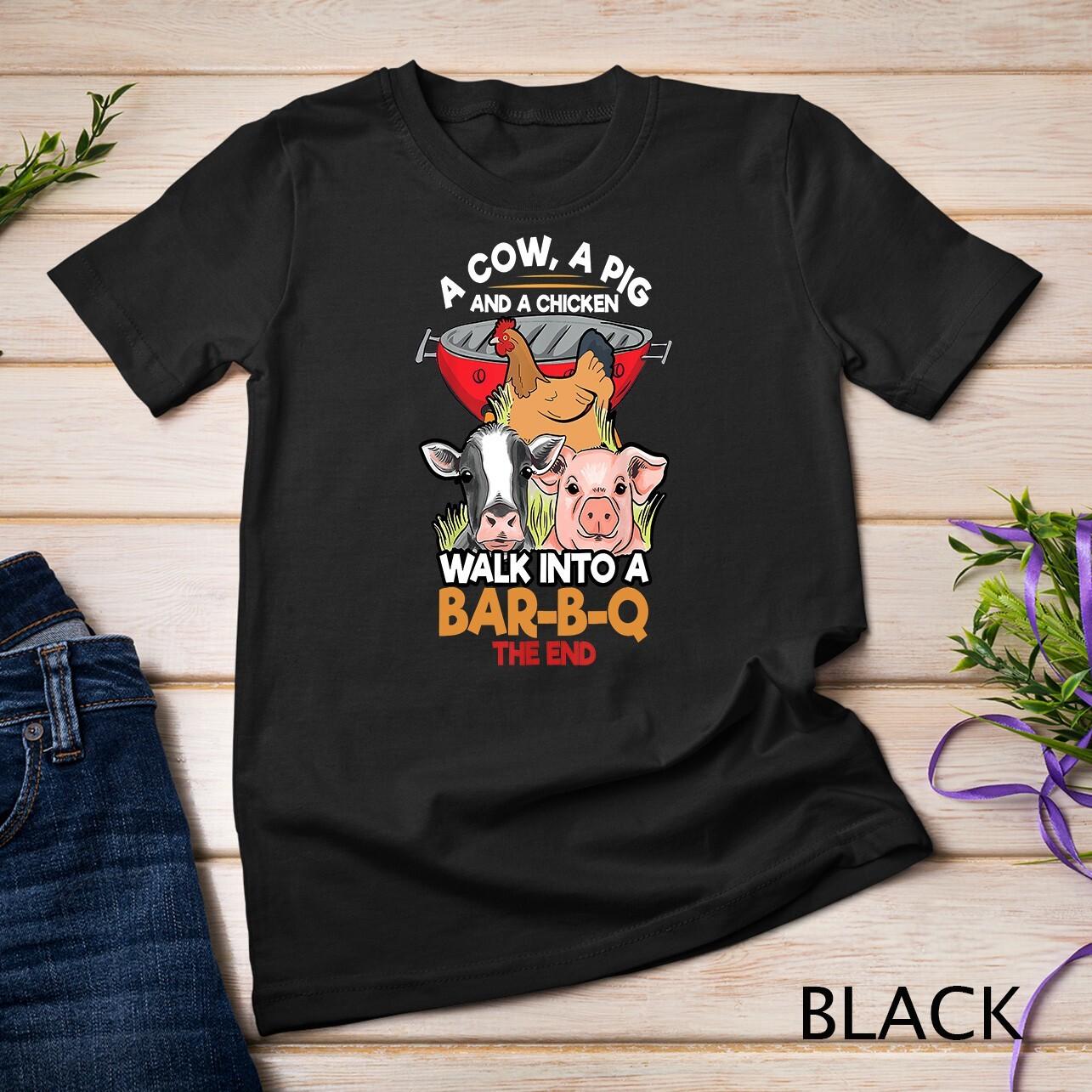 Funny BBQ Smoker Cow Pig And A Chicken Grilling Unisex T-Shirt Mens Womens Tees Top M
