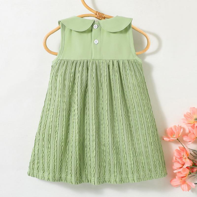 Kids Sleeveless Dress Lapel Back Button Dress Solid Color Girl's Dress