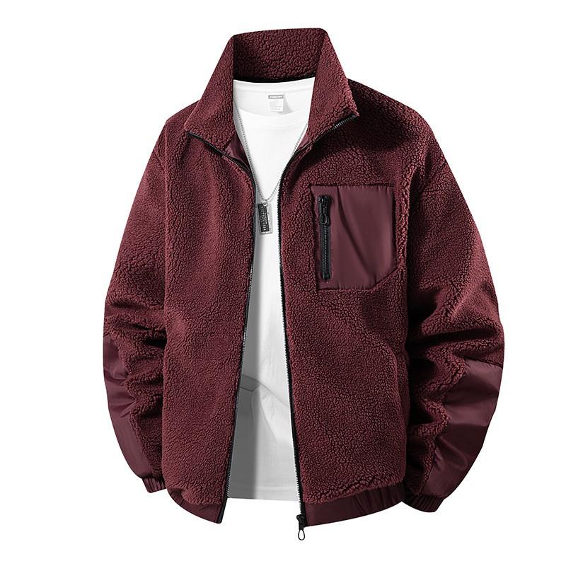 Mens Fleece Jacket Color Block Warm Winter Outerwear Loose Fit Stand Collar Multi Pocket Casual Coat