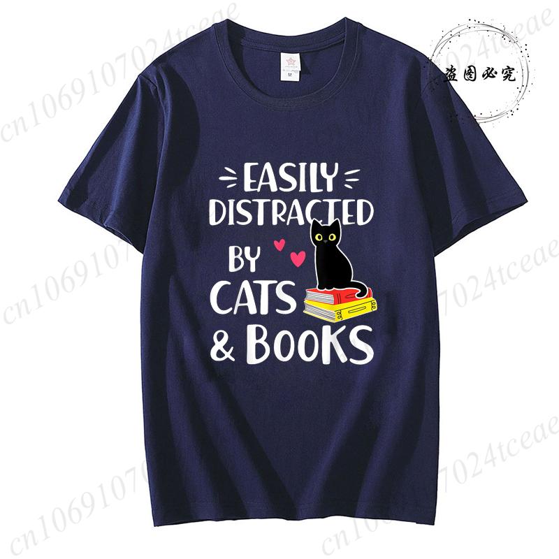Short Sleeve Tshirt for Unisex Tee Clothes Easily Distracted By Cats and Books Tee Tops Book Reader Top Y2K Unisex Casual Clothes