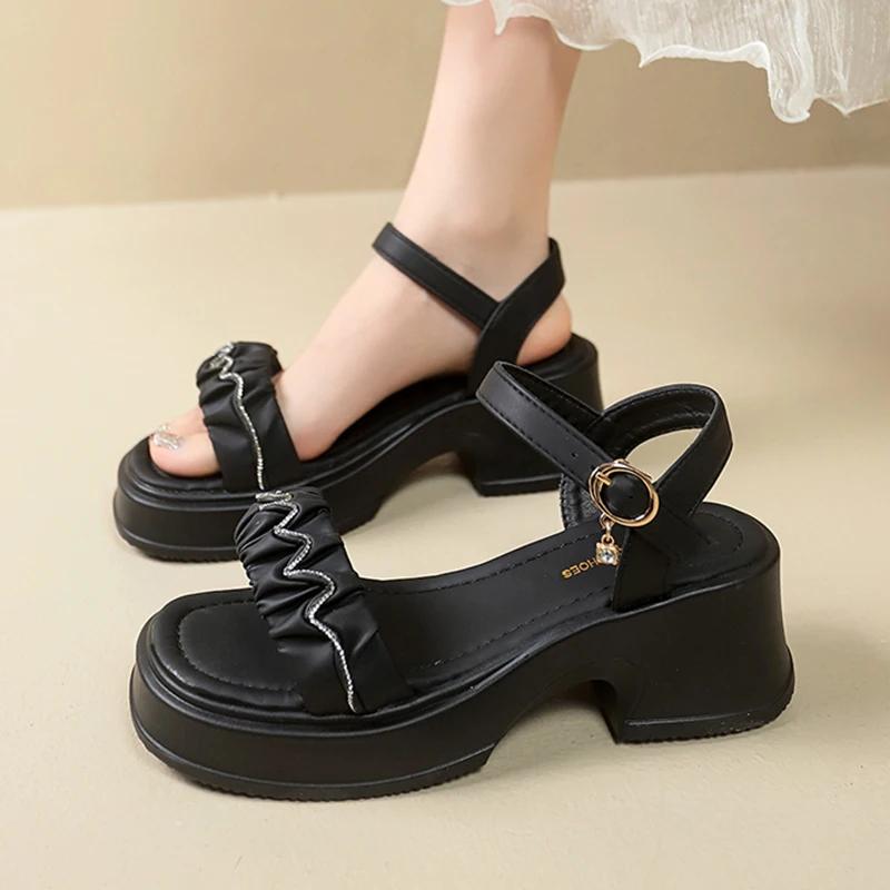 Fashion Pleated Pu Leather Platform Sandles Women 2025 Fashion Crystal Thick Sole Sandals Woman Ankle Strap High Heeled Sandals Female