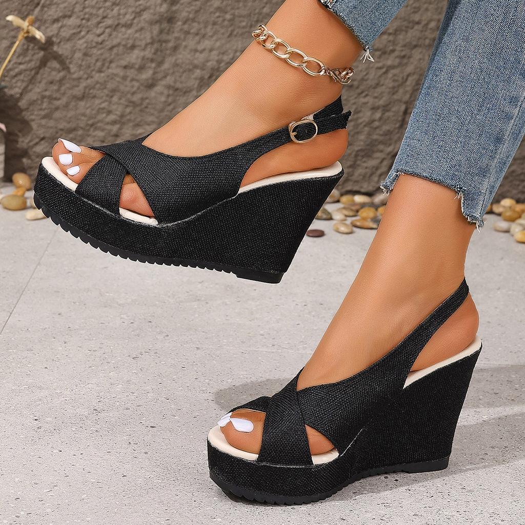 Fashion Platform Wedge Women's Sandals 2025 Summer New Peep Toe Casual High Heels Fashion Buckle Strap Plus Size Ladies Heeled Sandales