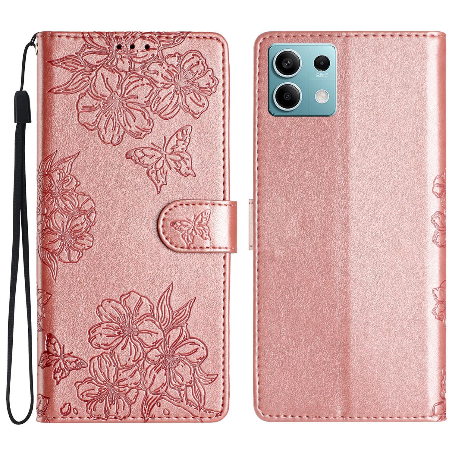 

For Xiaomi Redmi Note 13 5G Case Butterfly Flower Drop-Proof PU Leather Wallet Phone Cover Rose Gold