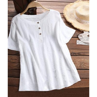 Women's Spring and Summer Solid Colour Short-sleeved Round Neck Button Down Shirt Pure Cotton Linen T-shirt