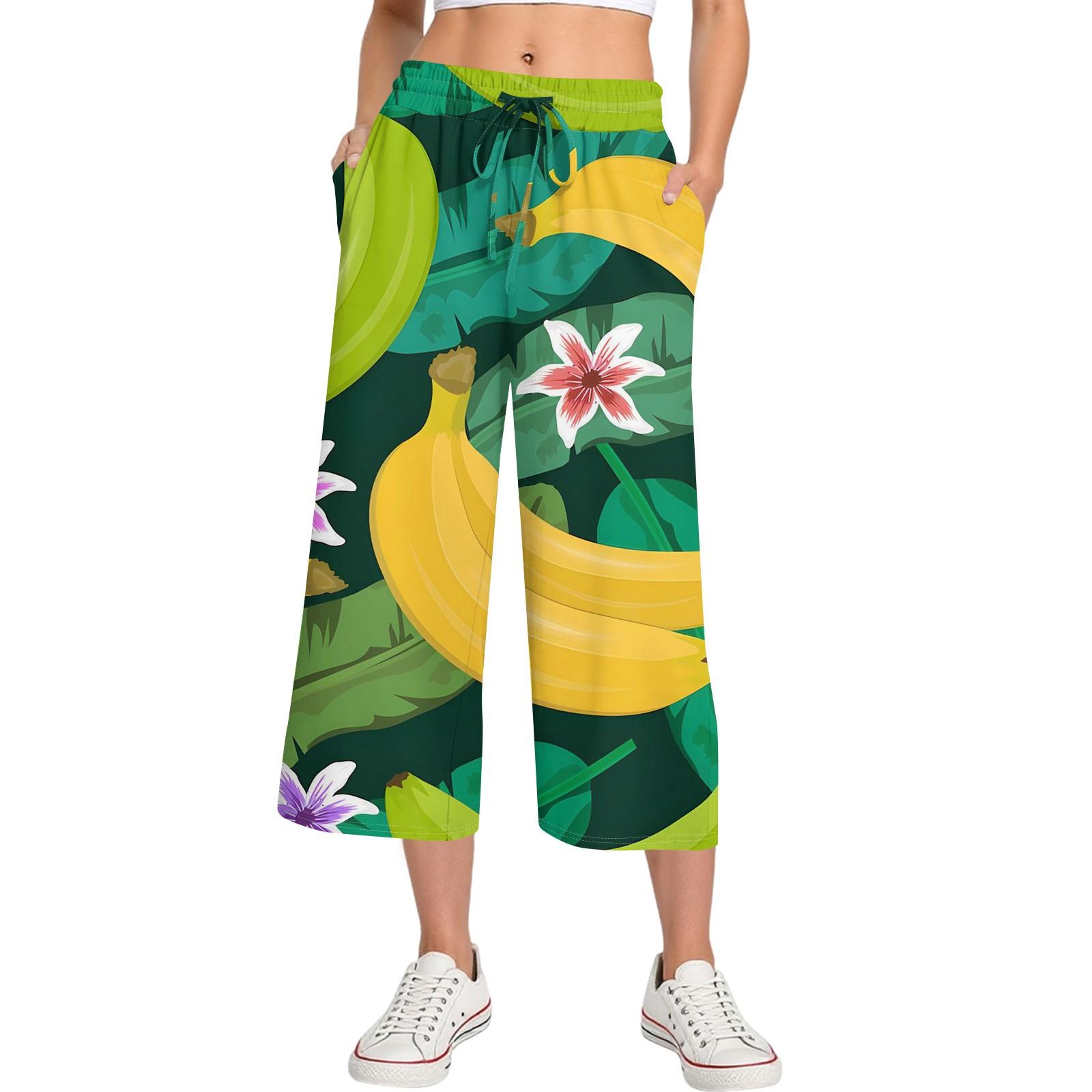 

Женские летние повседневные спортивные брюки с высокой талией и принтом, укороченные брюки свободного покроя XL жёлтый