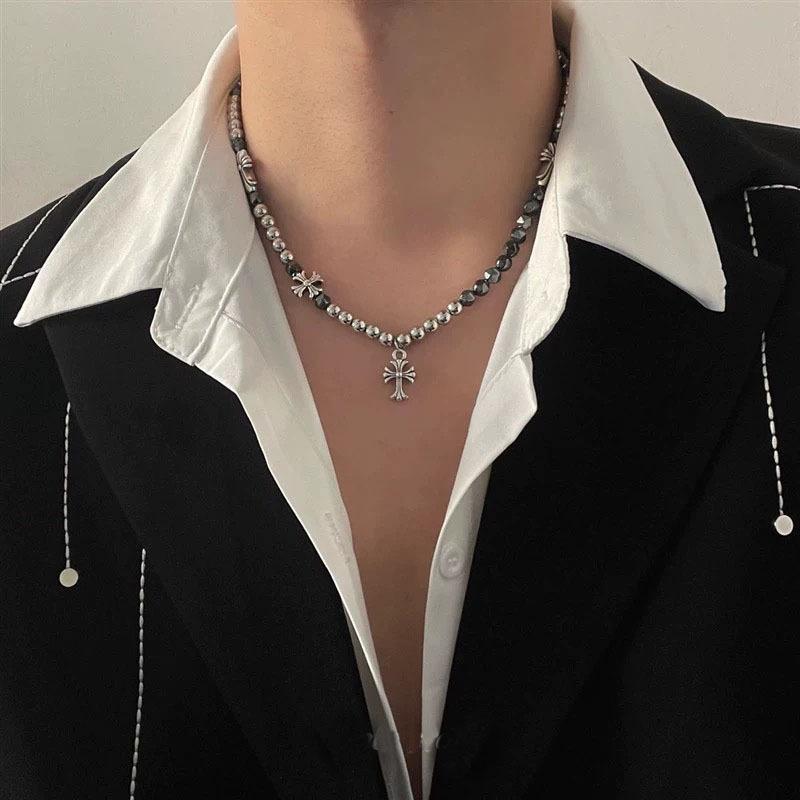 Personalized Beaded Cross, Black Gallstone Splicing Necklace, Men's Retro High-end Sense, Versatile Neck Chain, Women's Niche Couple Tide