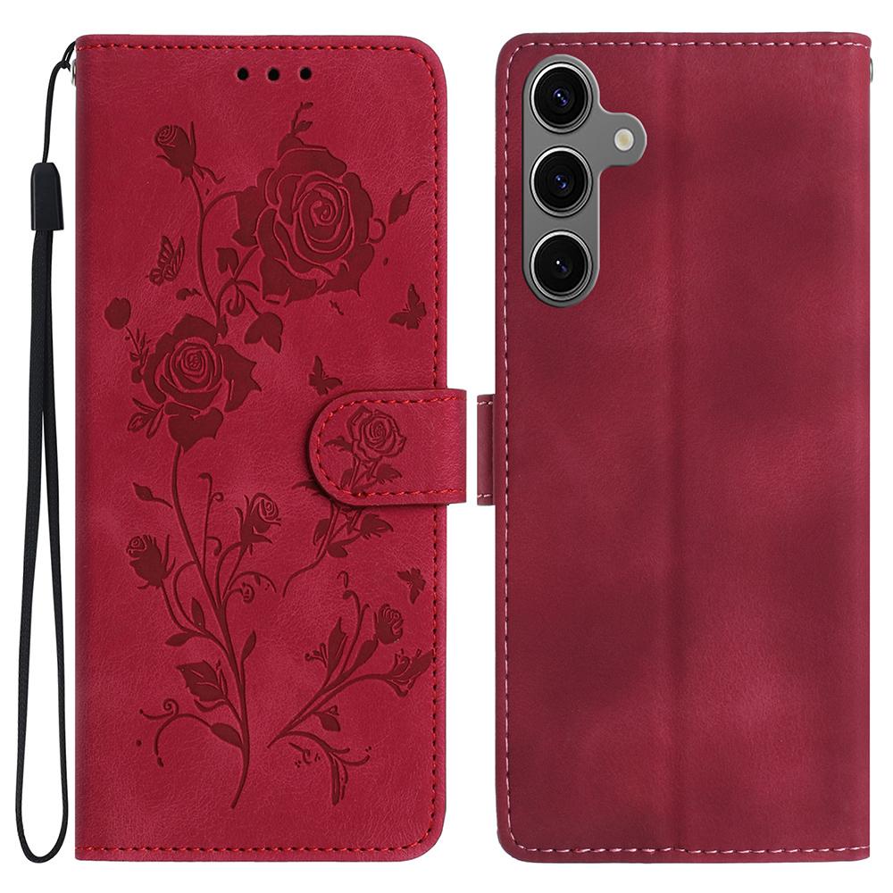 

For Samsung Galaxy S24 FE Wallet Case Rose Pattern Imprinted Leather Flip Stand Phone Cover Red