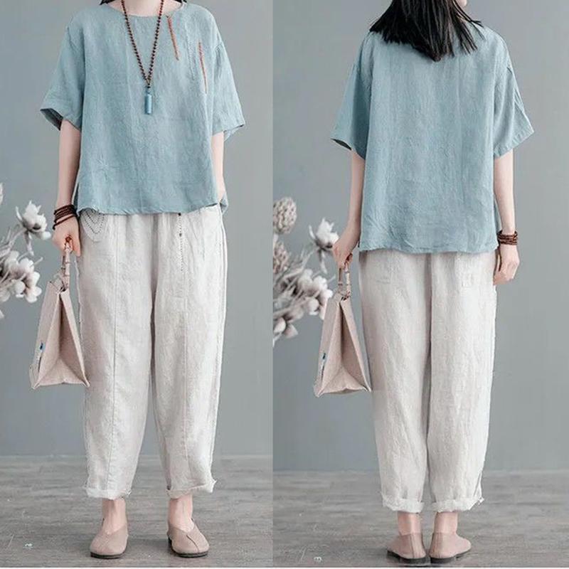 Plus Size M-3XL Women T-shirt Summer Short-sleeved Blouse O Neck Loose Fashion Vintage Embroidered National Style  Female Tops
