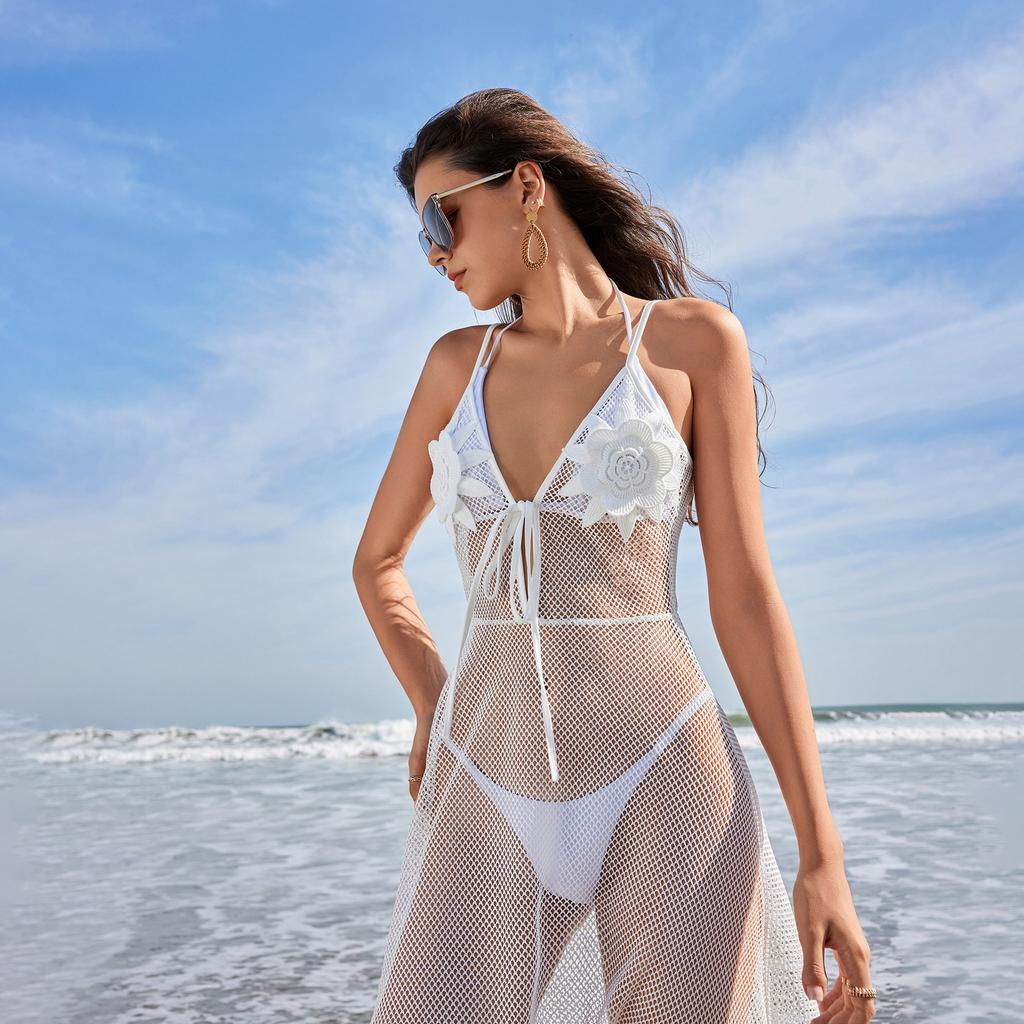 Beach Skirts for Women Solid Color Sexy Mesh Beach Bikini Swimsuit Hoodie Dress