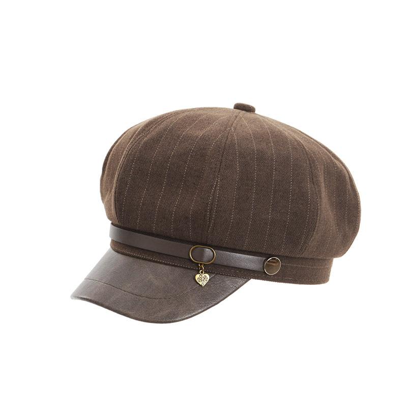 British Retro Belt Buckle Octagonal Hat Women's Autumn and Winter New Versatile Shell Shows Face Small PU Leather Brim Women's Newsboy Hat