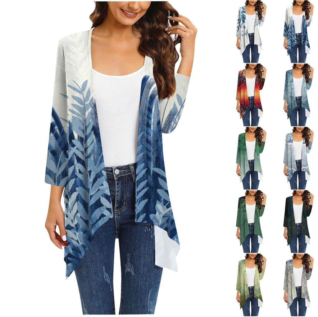 Dámský kardigan s nepravidelným tříčtvrtečním rukávem s potiskem a kapsou