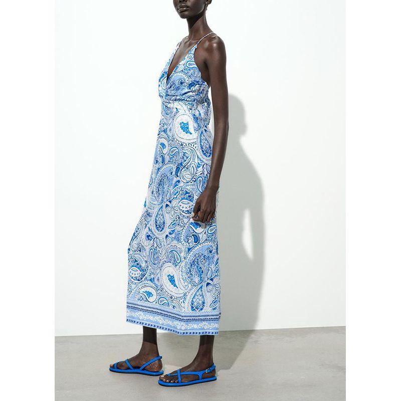 Summer New Women Clothes European and American Leisure V-neck Knot Decoration Print Fashion Temperament Midi Dress 3558671