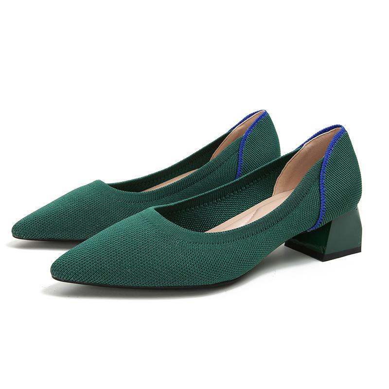 New thick heel knitted shoes temperament versatile fashion leopard print color matching pointed shoes woven shoes