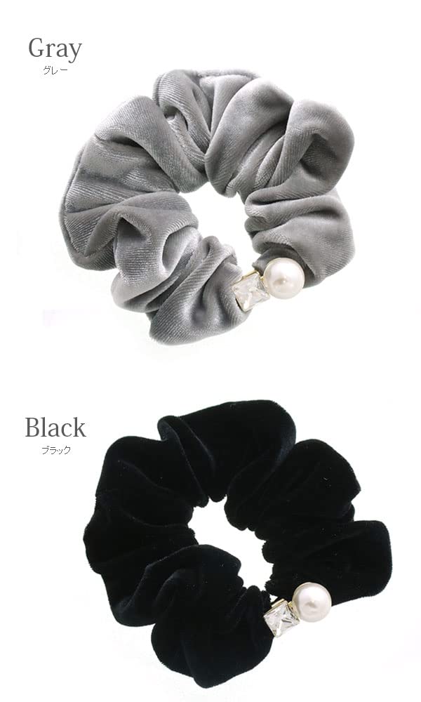 VINGTAINE Velvet with Stone and Pearl Simple and Elegant Hair Perfect for Adult Casual Scrunchie, Design, Accessory, Wear, Gift, HS-177-GY