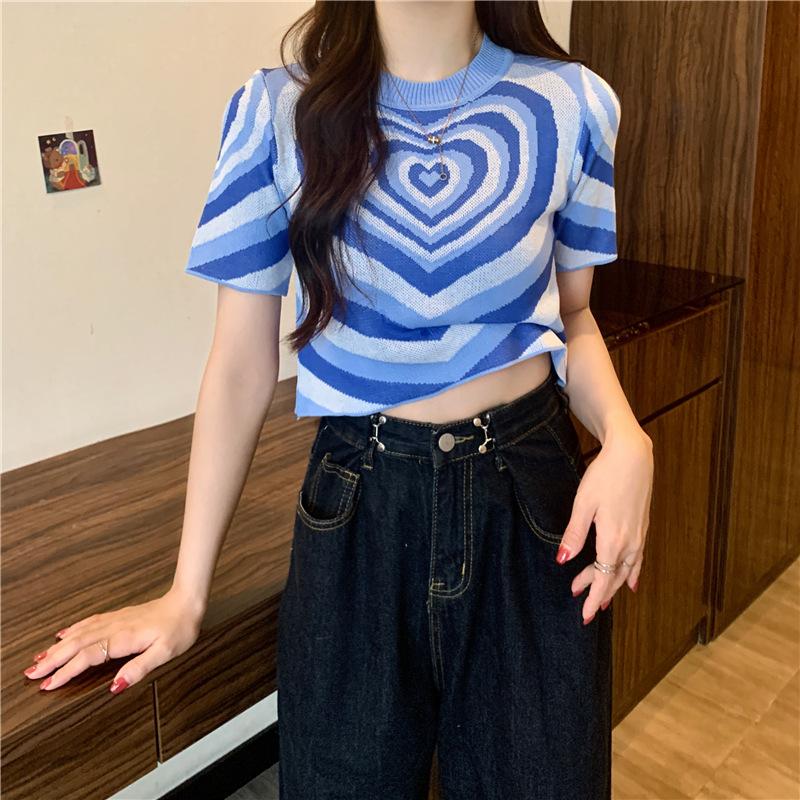 Fashion Knit Sweater Women Loose Slim Short Sleeve Love Top Summer Versatile Fashion Short Round Neck Womens Casual Essential Slim Fit Pullovers Tees