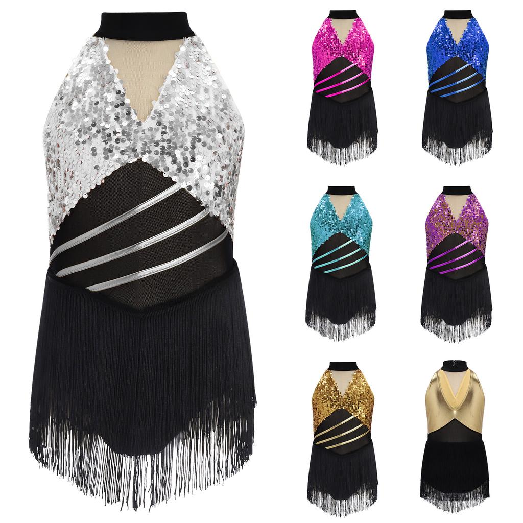 Body da bambina con paillettes e nappe scintillanti: Top senza maniche con scollo all'americana, in rete, con apertura a goccia sulla schiena e design metallico, ideale per cha-cha, salsa e balli latino-americani.