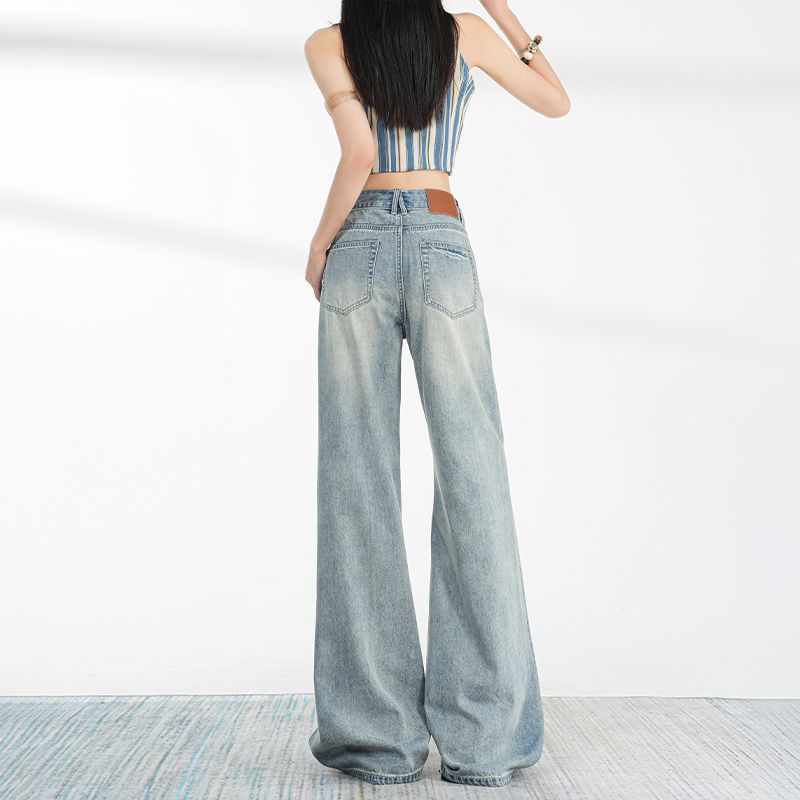 Spring Summer Ice Silk Touch Cat Whisker Relaxed Micro Flare Denim Pants For Ladies Casual Pants Oversize Denim Trousers