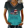 Women Casual V Neck Short Sleeve Pullover T Shirt Gradient American Flag Print Top Independence Day Patriotic Style Summer Tee