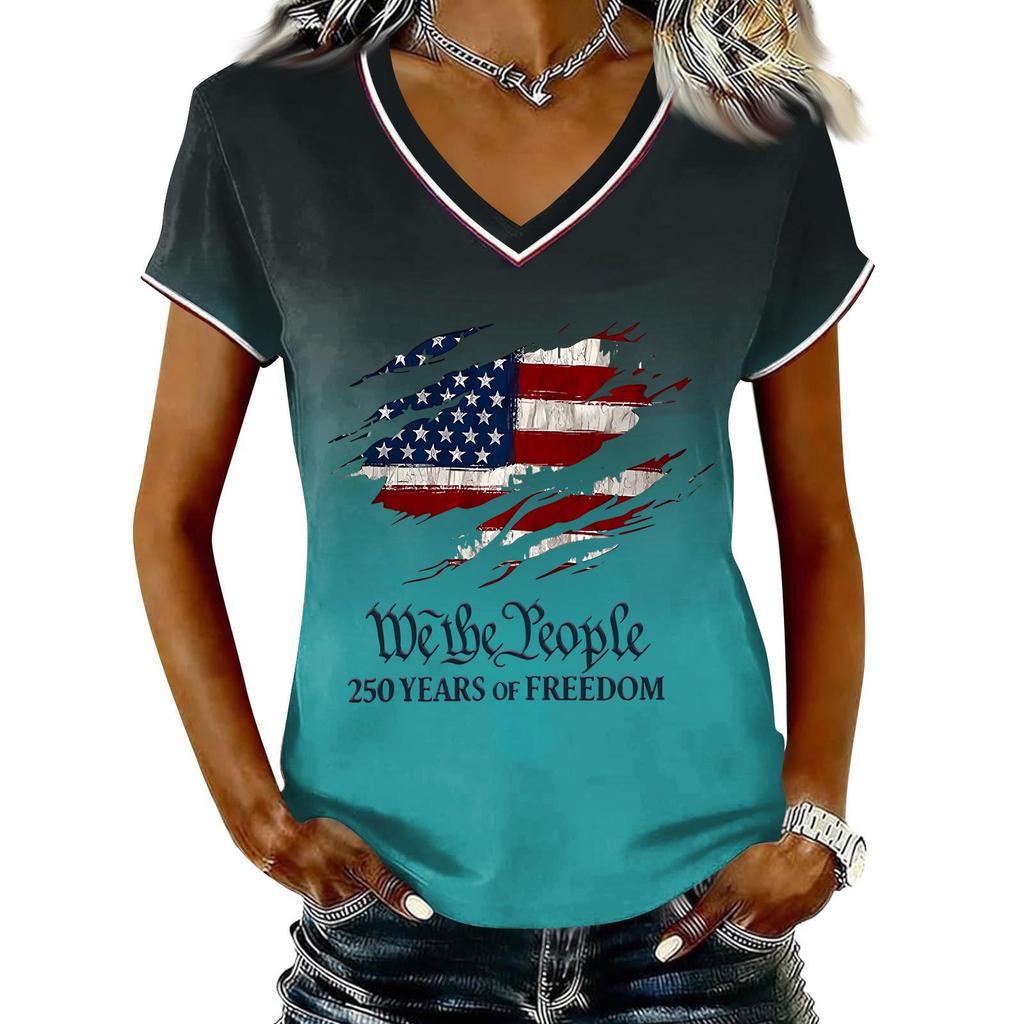 Women Casual V Neck Short Sleeve Pullover T Shirt Gradient American Flag Print Top Independence Day Patriotic Style Summer Tee