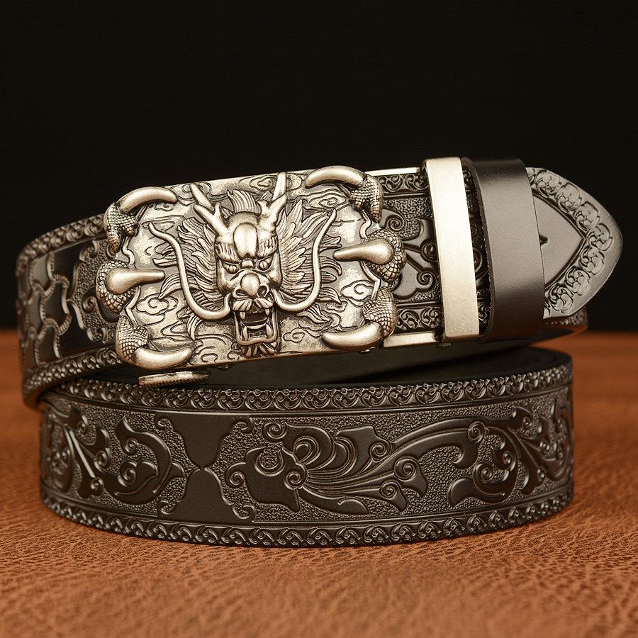 New Men's Embossed Dragon Head Genuine Leather Belt with Automatic Buckle