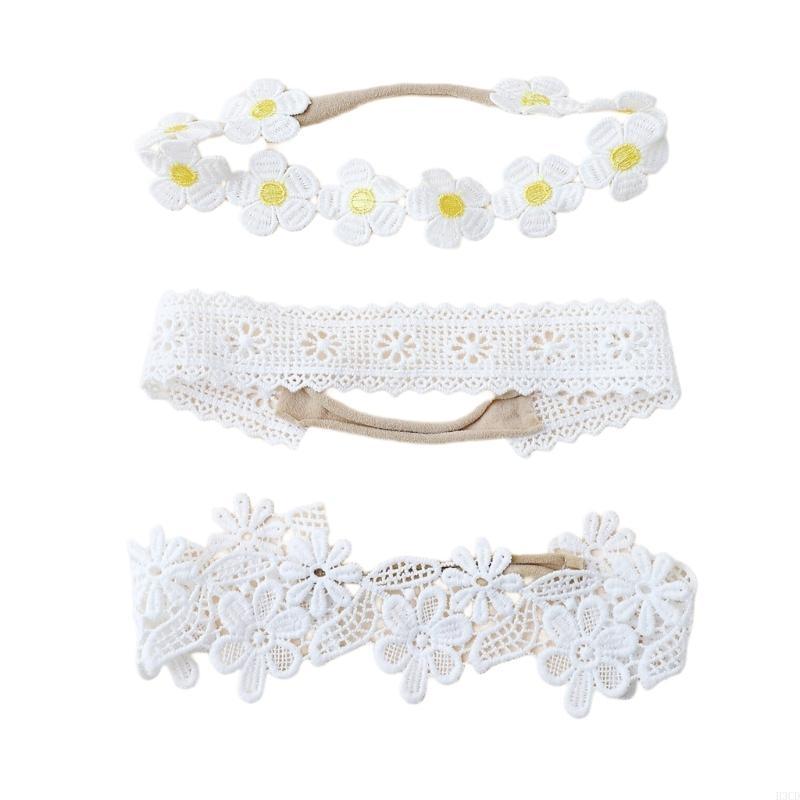 3Pcs Infant Stretchy Lace Headwear Hairband Feature Delicate Embroidery Soft Fabric for Everyday Wear and Photoshoots